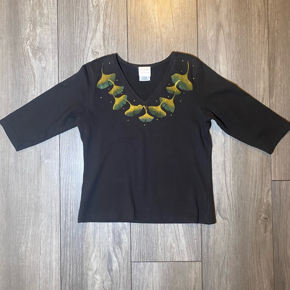 EUC BRIE KRIEBEL Hand Painted Ginko Leaf V Neck Cotton Top Small Shop Art